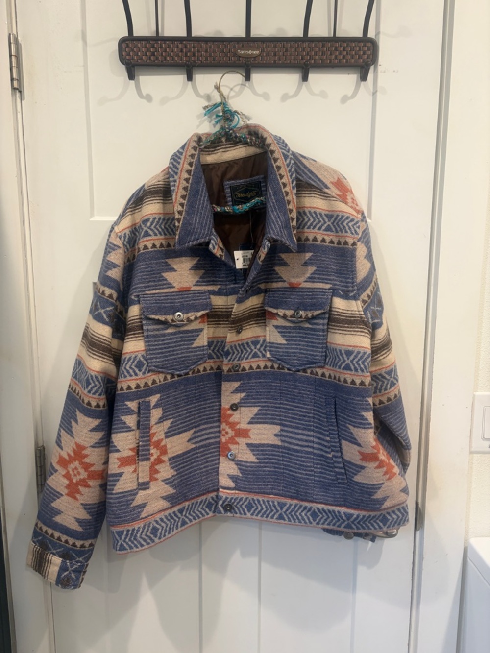 Southwestern Pattern Button-Front Jacket - Blue & Cream